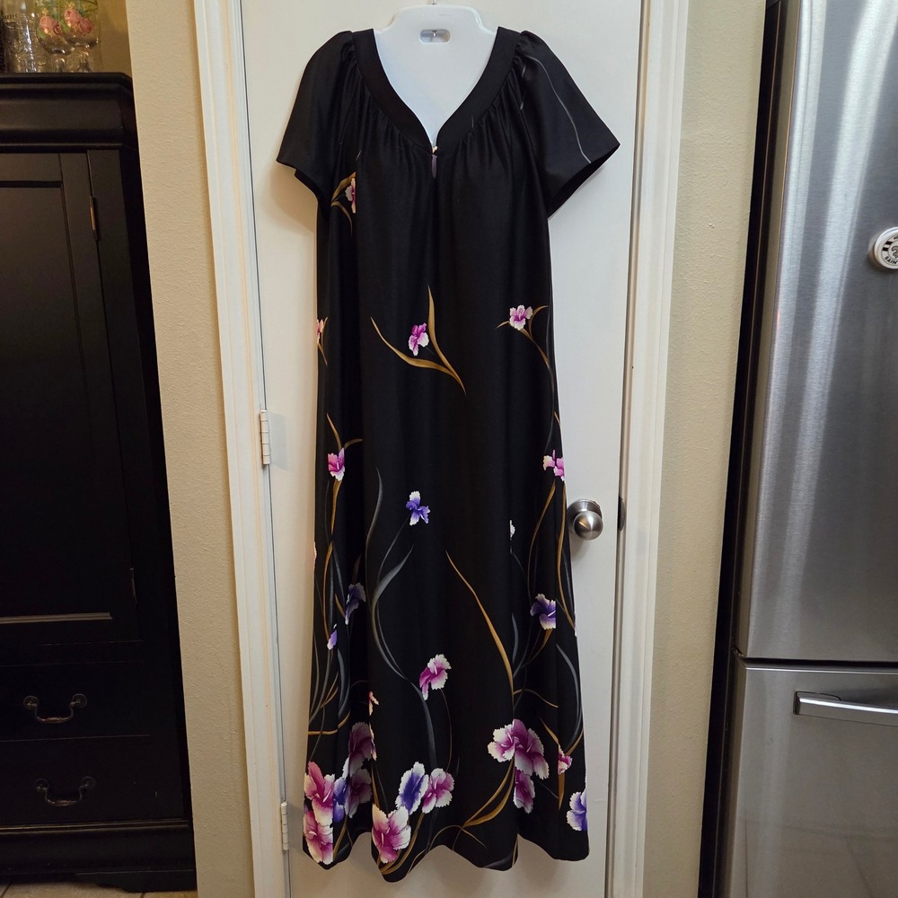 Hilo Hatties Hawaii Vintage Floral Muumuu Maxi Dress Black Purple Womens Large